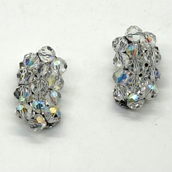 Vintage Aurora Borealis Beaded Clip-On Ear Climbers Elegant Bridal Prom Retro - Picture 2 of 9